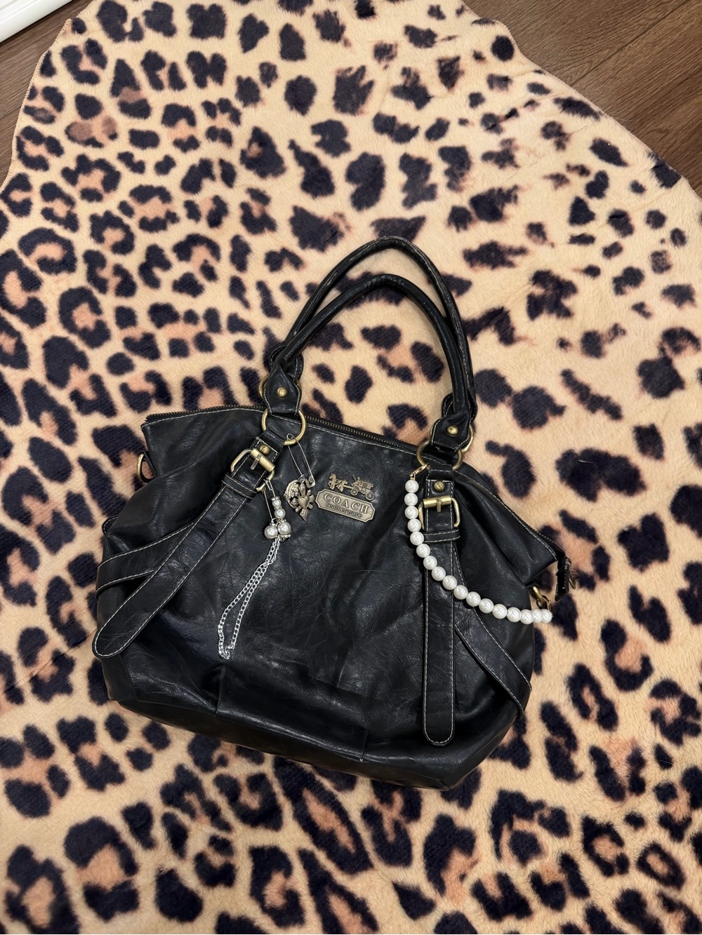 VINTAGE Coach Black Leather Shoulder Tote with Pearl Charm